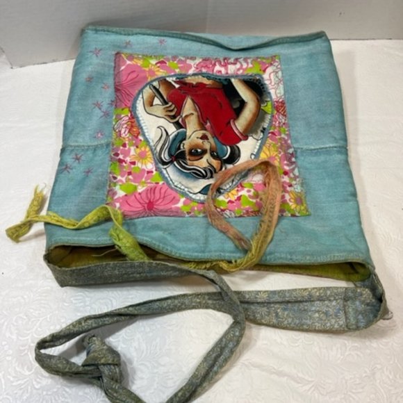 Handmade in The Keys Jean Floral Fabric Applique Girl Hobo Tote Bag Large 13x13" - Picture 2 of 15